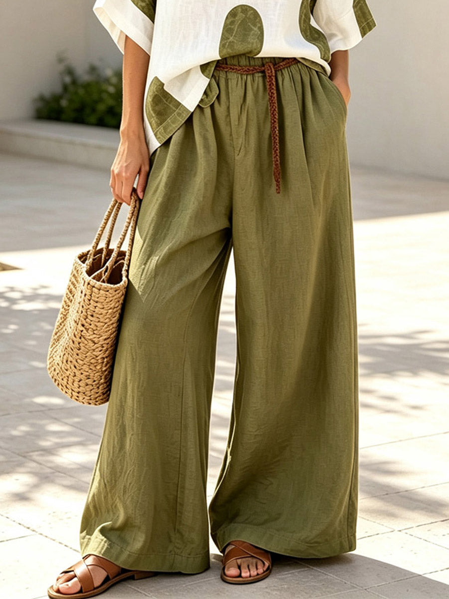 Geometric V-collar Art Casual Top And Wide Leg Pants Cotton Linen Two-piece Set