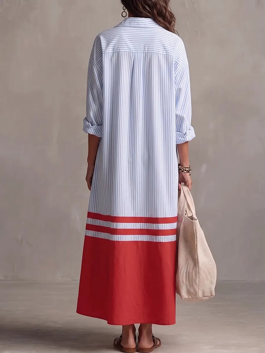 Chic Striped Color-block Collared Full Placket Maxi Shirtdress