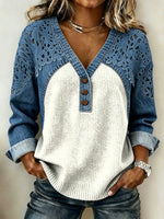 Women's Hollow Lace Spliced Waffle Knit Denim Long Sleeve V Neck Top