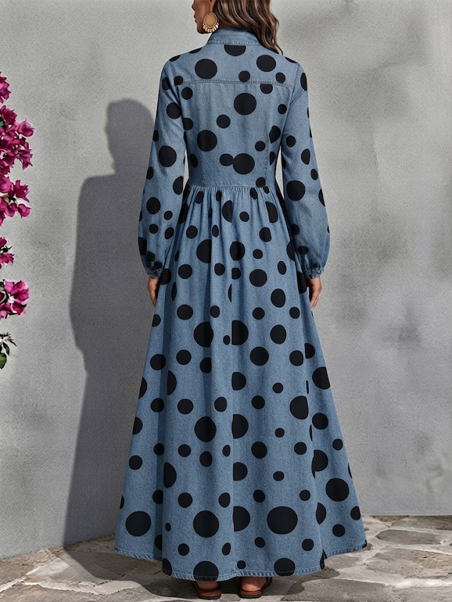 Washed Denim Shirt Dress Featuring Large Polka Dots, A Stand Collar, A Button-front Placket, Pleated Details, Long Lantern Sleeves, And An Ankle-length, Full-sweep Skirt