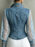 Retro Denim & Lace Patchwork Hollow Zip Long Sleeve Art Casual Stylish Shirt