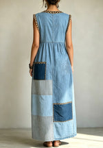 Retro Chic Leopard Denim Patchwork Loose Art Casual Sleeveless Dress