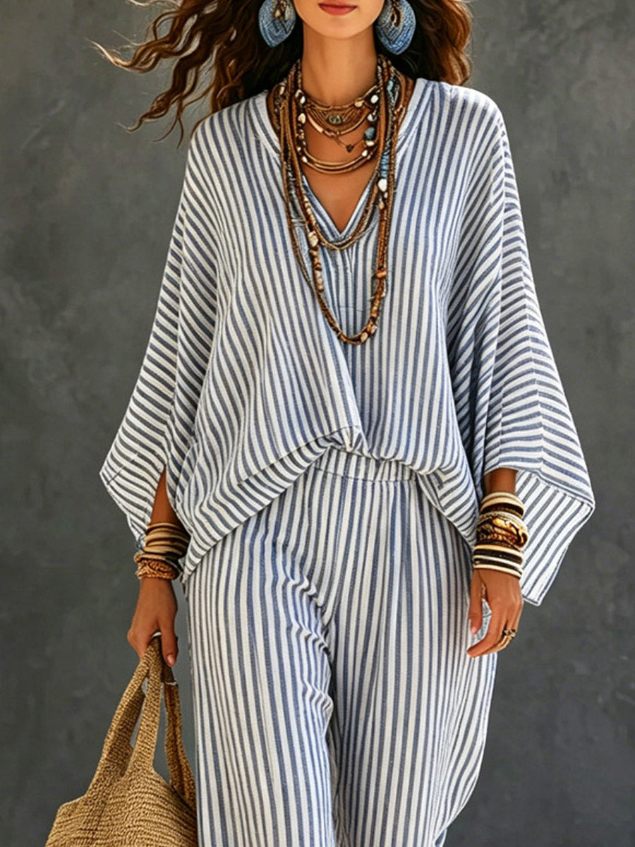 Women's Striped Art Casual Long Sleeve Top And Pants Cotton And Linen Two-piece Set