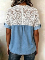 Women's Solid Floral Lace Spliced Denim Diagonal Button Short Sleeve Top