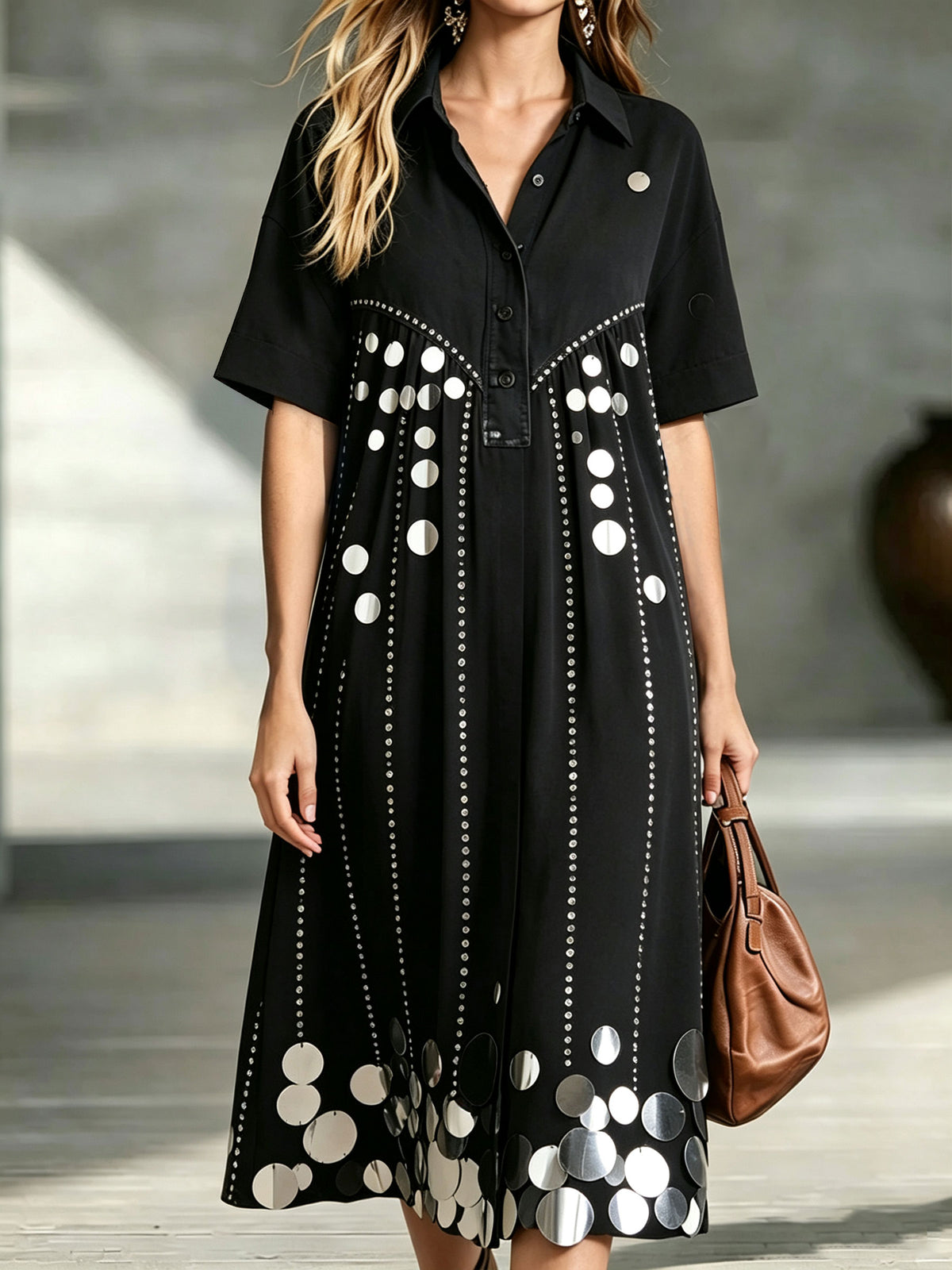Women’s Sequin Disc Embellished Collared Short Sleeve Shirt Midi Dress