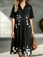 Women’s Sequin Disc Embellished Collared Short Sleeve Shirt Midi Dress