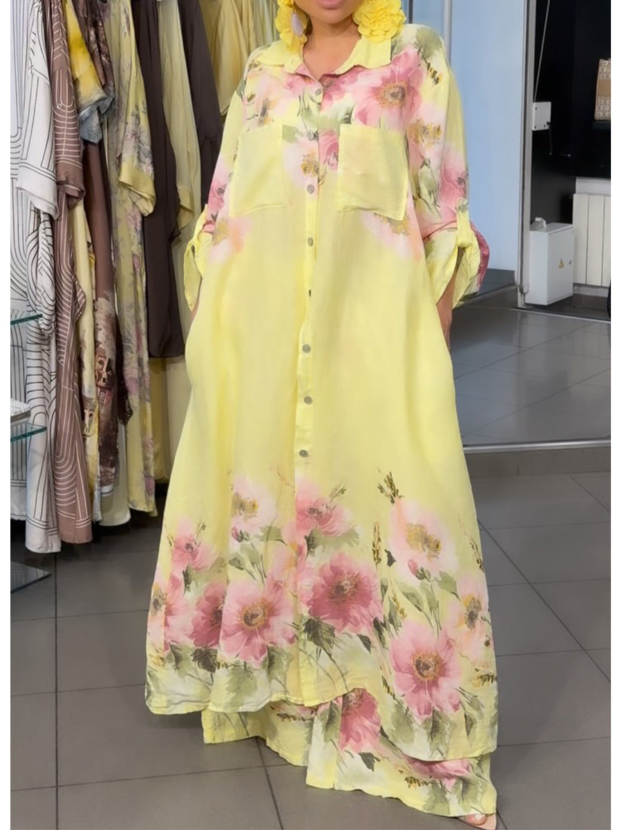 Loose-fit Casual Floral Print Linen-cotton Long Shirt And Trousers Two-piece Set