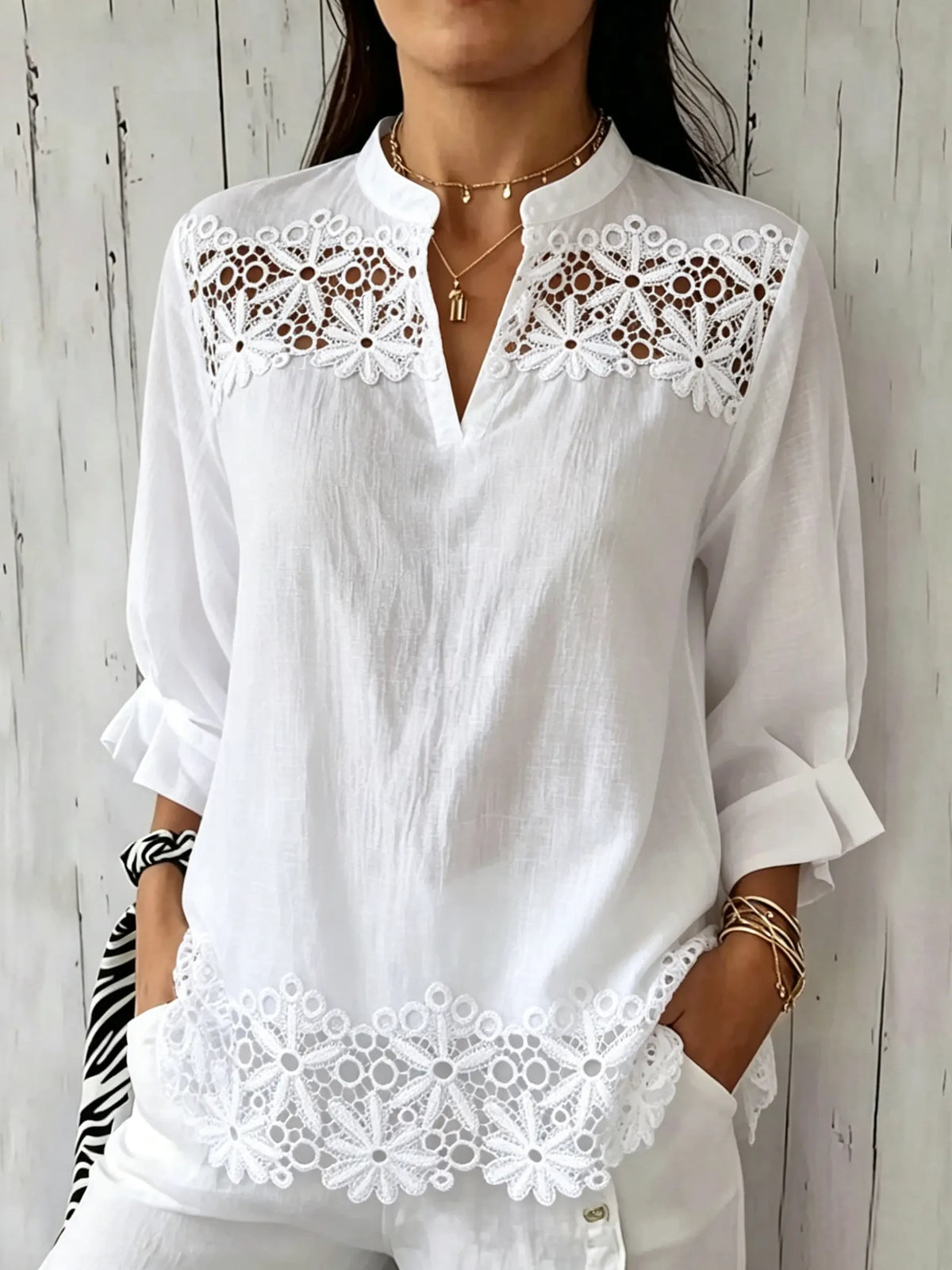 Women Solid Floral Eyelet Lace Stand Collar 3/4 Sleeve Loose Blouse