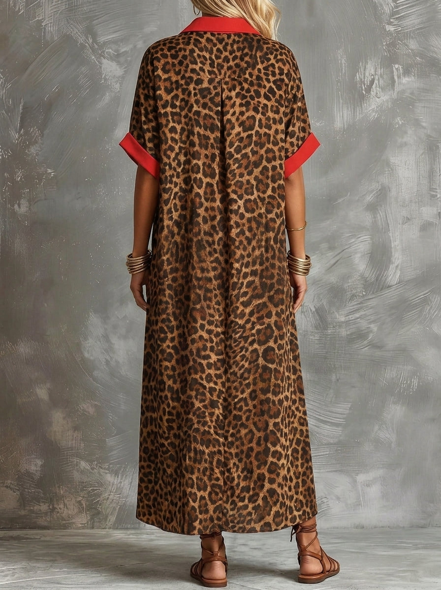Women’s Red Trim Leopard Print Short Sleeve Chiffon Shirt Maxi Dress With Pockets