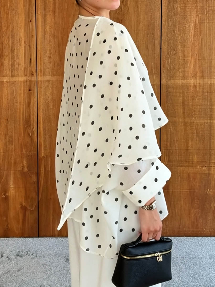 Women's Polka-dot Print Crew Neck Long-sleeve Loose Casual Chiffon Top