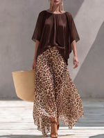 Women's Casual Loose Chiffon Top Round Neck 3/4 Sleeves And High-waisted Leopard Print A-line Skirt Set