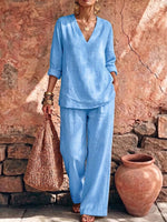 Women's Solid Color V-neck Long-sleeve Casual Loose Cotton-linen Top And High-waisted Wide-leg Pants Set