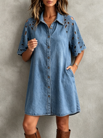 Boho Vintage Floral Lace-panel A-line Denim Dress