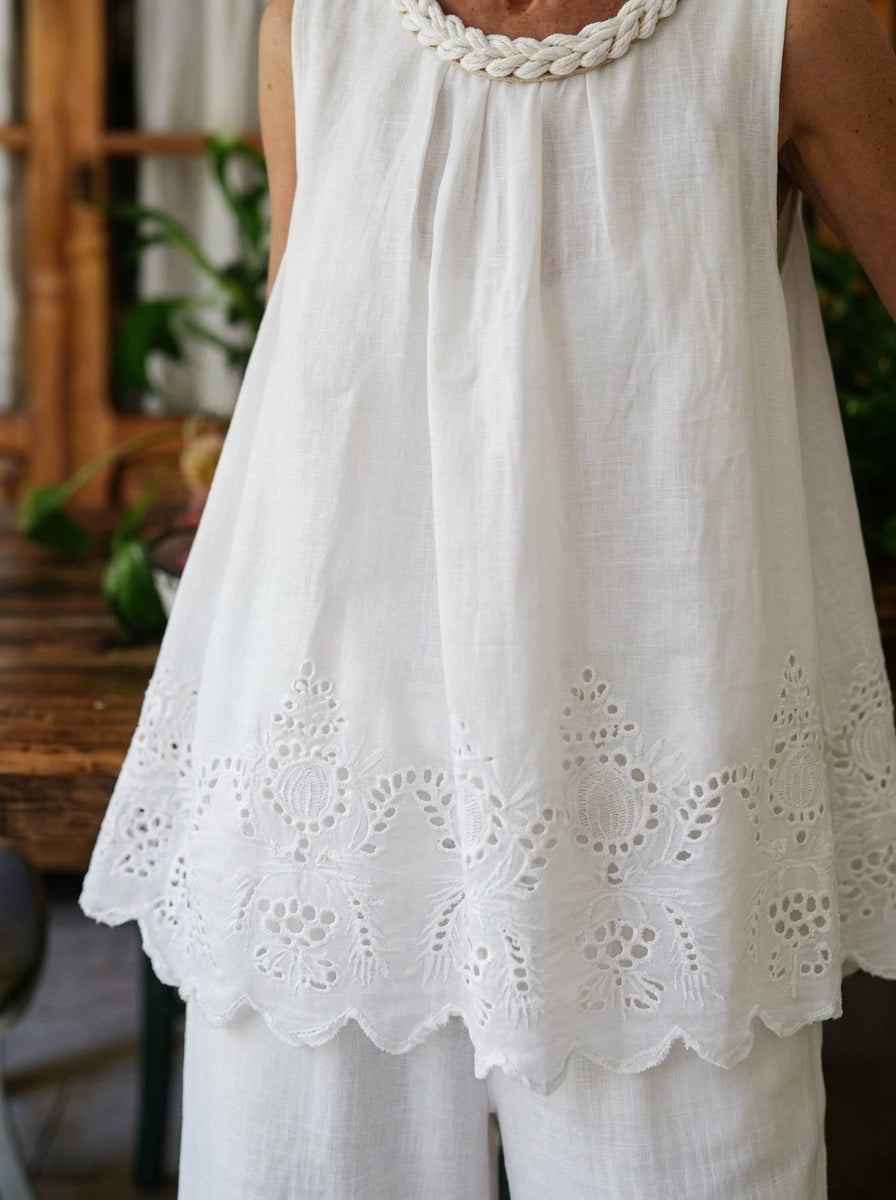 Womens Braided Neck Eyelet Embroidery Sleeveless Cotton Linen Two Piece Pant Set