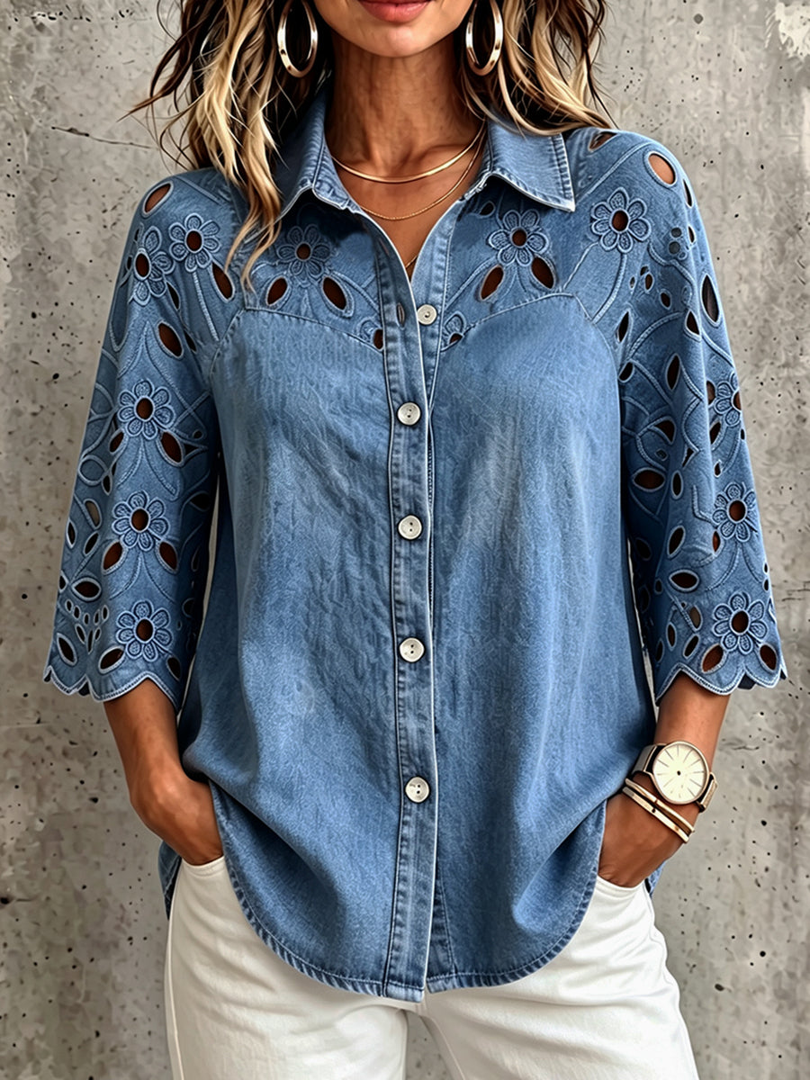 Elegant Boho Floral Lace Three-quarter Sleeves Denim Shirt Top
