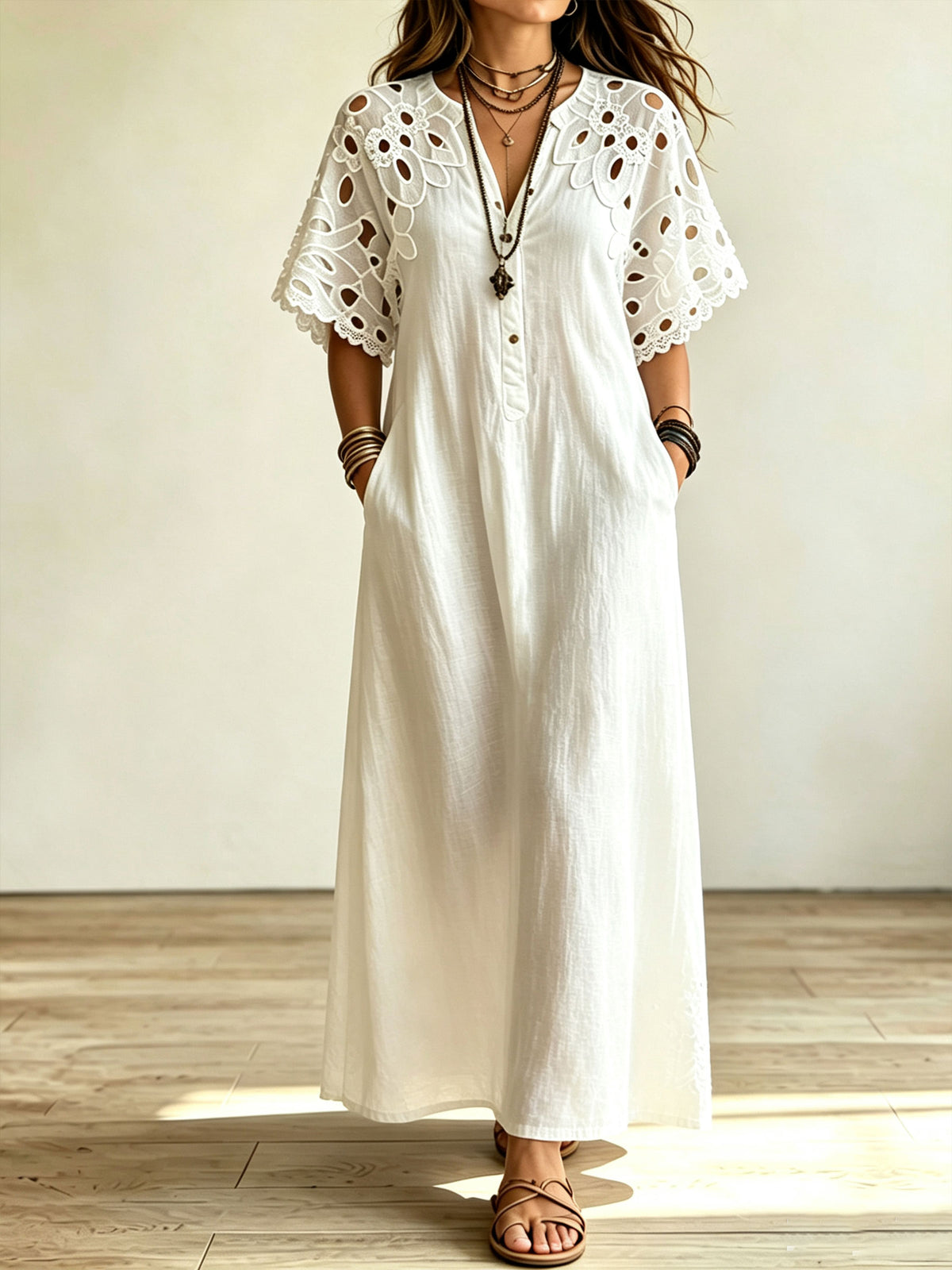 Women's Eyelet Cutwork Lace Short Sleeve Henley Cotton Linen Maxi Dress