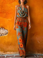 Boho Vintage Cowl-neck Floral Print Jumpsuit