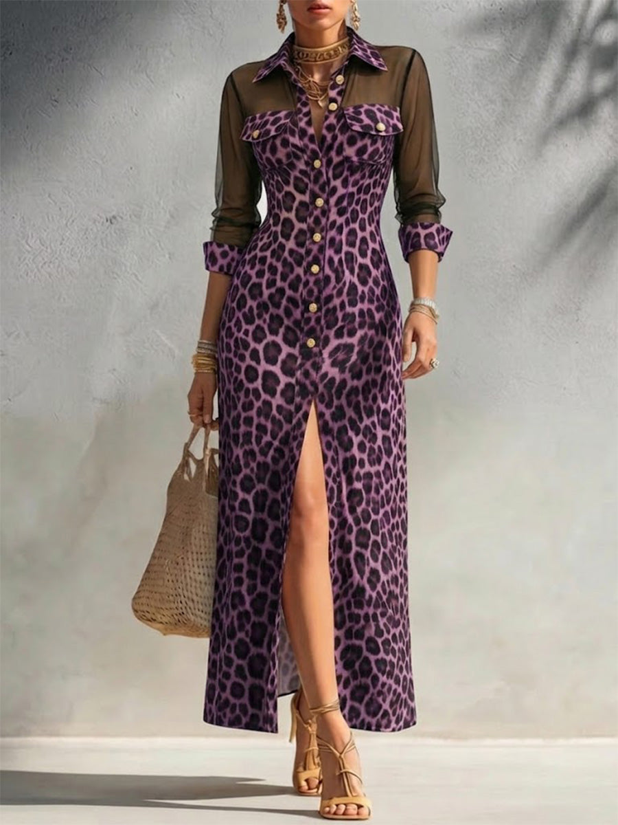 Retro-style Women's Casual Dress Featuring Leopard Print, Mesh Paneling, And A Side Slit
