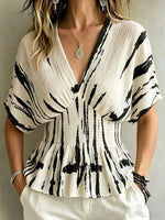 Women’s Abstract Brushstroke Print V-neck Smocked Waist Batwing Peplum Blouse