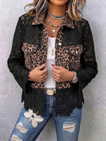 Casual Denim Jacket With Leopard Print And Lace Paneling