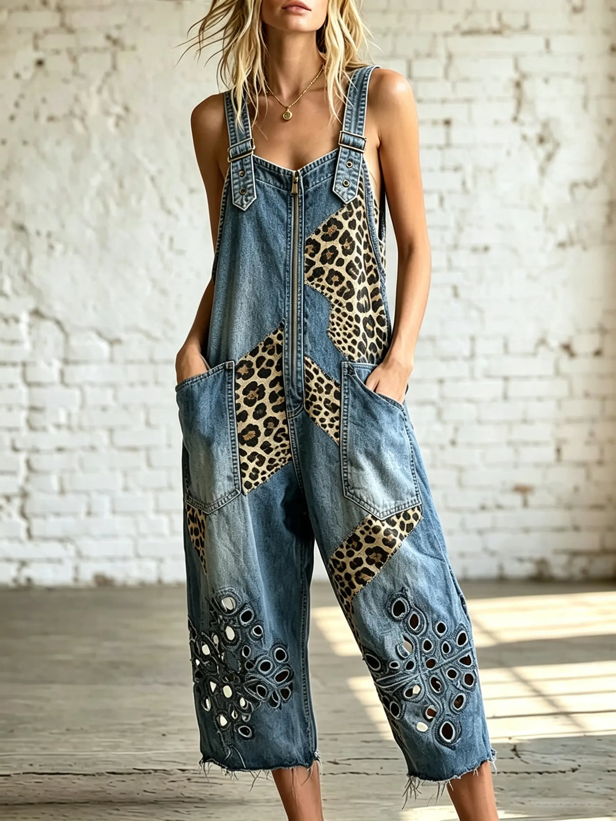 Women's Leopard Patchwork Eyelet Cropped Denim Overalls