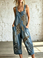 Women's Leopard Patchwork Eyelet Cropped Denim Overalls