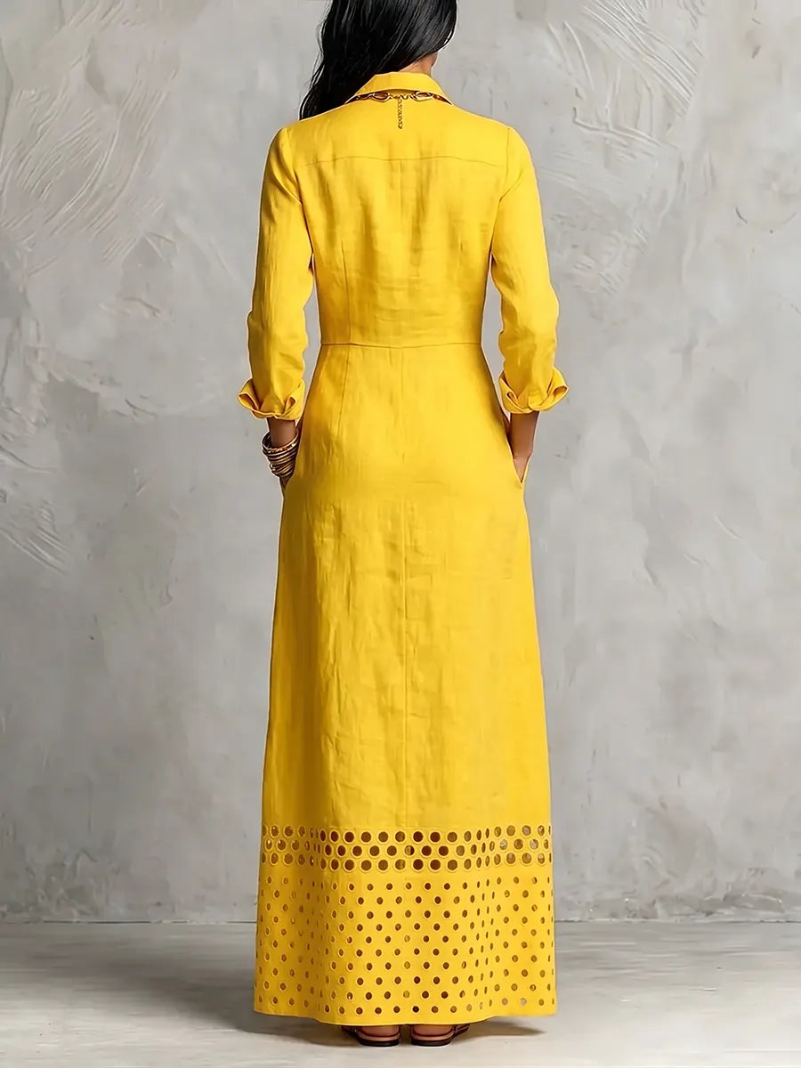 Radiant Yellow Cutout Hem Cotton Linen Maxi Shirt Dress