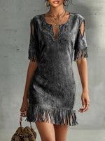 V-neck, Off-shoulder, Short-sleeve, Loose-fit Midi Dress In Faux Suede With Fringe Detailing—perfect For A Vacation Look