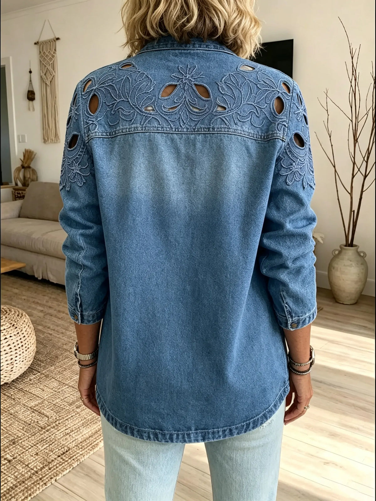 Women's Hollow Floral Embroidery Denim V Neck Long Sleeve Cardigan Jacket