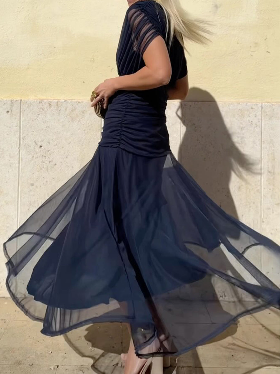 Elegant Stretch Mesh Fitted Ruched Dress