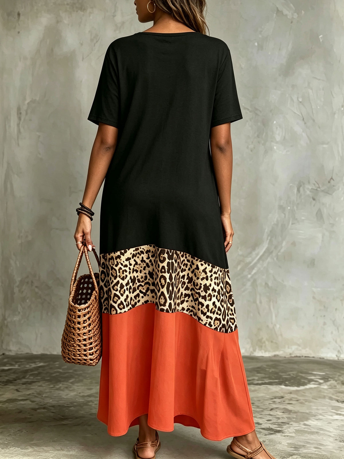 Women's V-neck Color Block Leopard Print Patchwork Maxi Dress With Pockets
