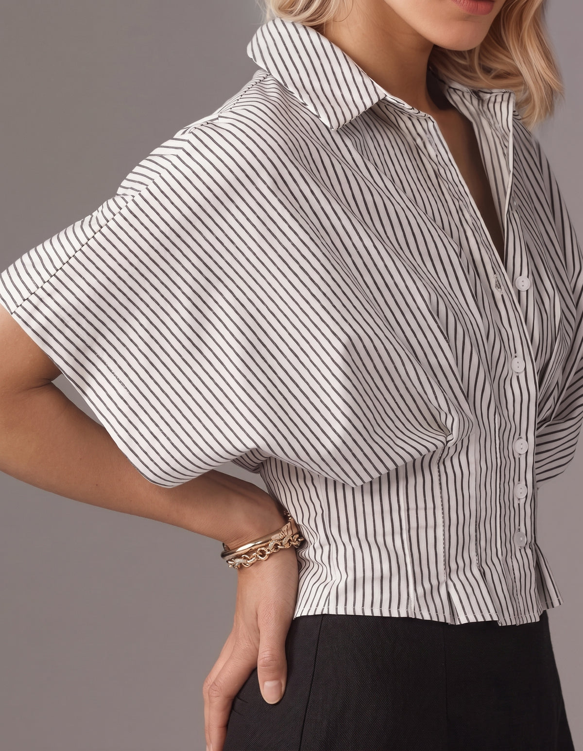 Women's Casual Versatile Striped Pleated Waist Slimming Top