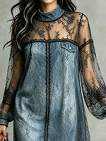 Women's Black Lace Patchwork Denim Long Sleeve Mini Dress