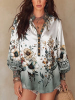 Boho-Chic Botanical Stand V-Neck Silk Blouse