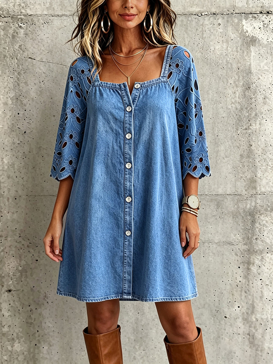 Boho-chic Square-neck Denim Dress With Floral-embroidered Sleeves
