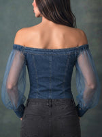 Denim Off-shoulder Long-sleeve Chiffon Top