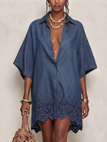 Laid-back Resort Washed Denim Lapel Full Placket Wide Short Sleeve Heavy Hollow Lace Hem Oversized Cover-up Dress