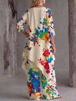 Women's Casual Loose Cotton-Linen Set: Abstract Placement-Print Crew-Neck 3/4 Sleeve Top & High-Waisted Wide-Leg Pants