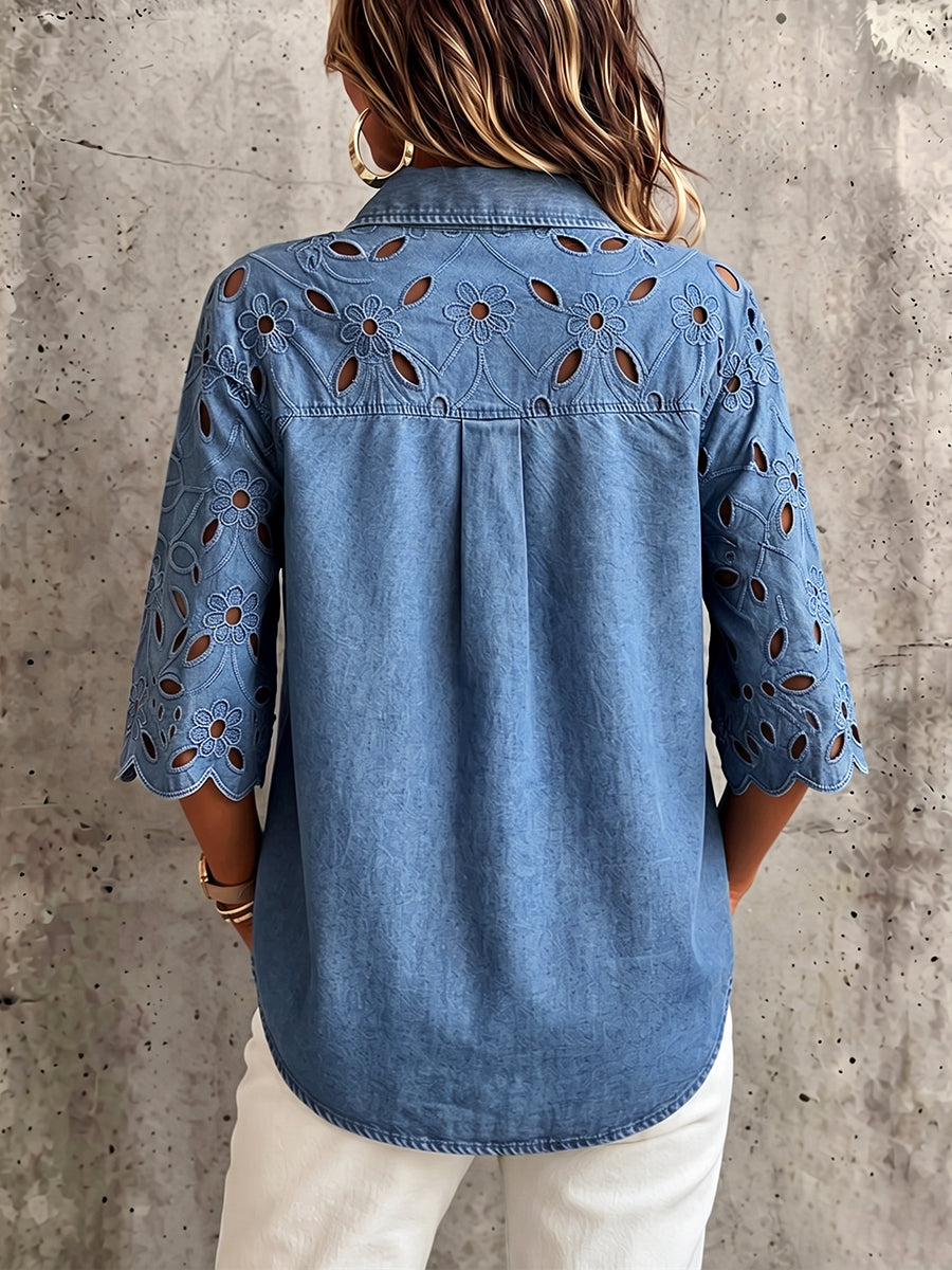 Elegant Boho Floral Lace Three-quarter Sleeves Denim Shirt Top