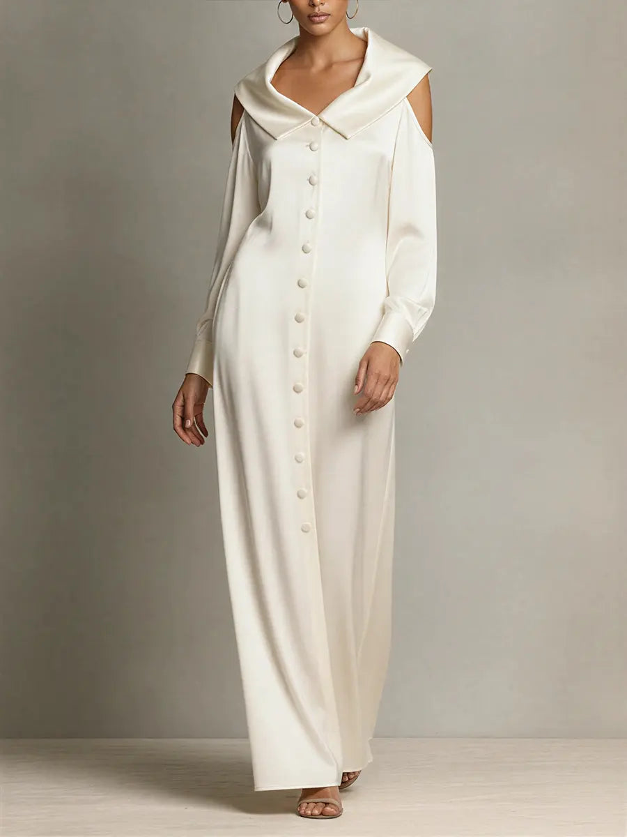 Refined Satin Portrait-Collar Maxi Dress