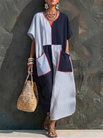 Vintage Casual Geometric Block Contrast Stripe Splice Red Piping V-neck Big Pocket Loose Ankle Vacation Maxi Dress