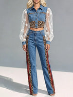 Women's Leopard Stripe Mesh Puff Sleeve Denim Top & Flare Pants Set