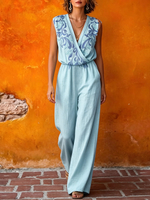 Boho Vintage V-neck Floral Print Sleeveless Jumpsuit