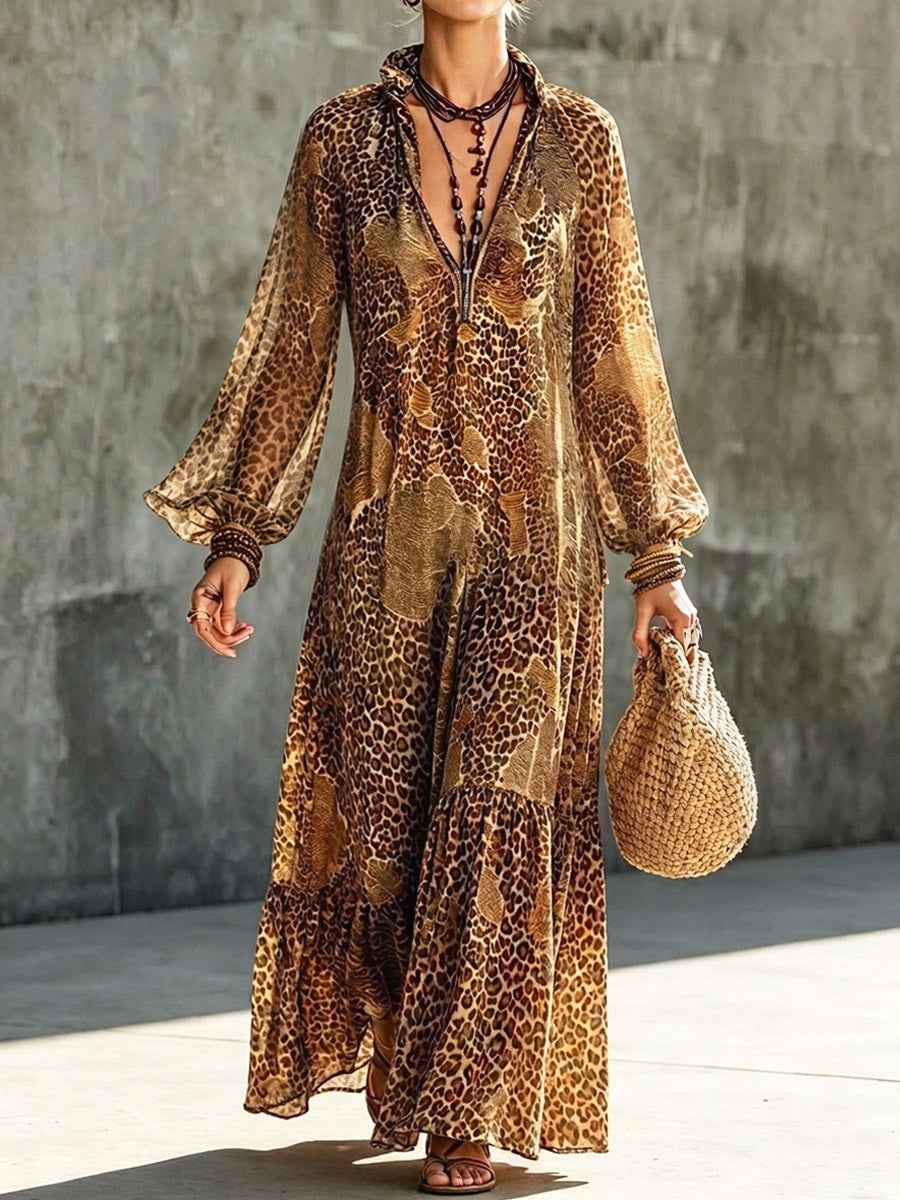 Retro Leopard Loose Chic Art Casual Long Sleeve Chiffon Dress