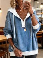 Chic Two-Tone Denim V-Neck Pullover Hoodie