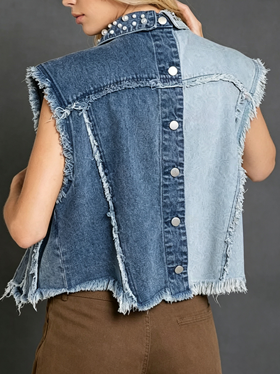 Loose-fit Sleeveless Denim Vest Featuring A Raw-edge Fold-over Collar, Contrasting Light And Dark Tones, And Bead Embellishments—ideal For Layering