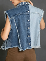 Loose-fit Sleeveless Denim Vest Featuring A Raw-edge Fold-over Collar, Contrasting Light And Dark Tones, And Bead Embellishments—ideal For Layering