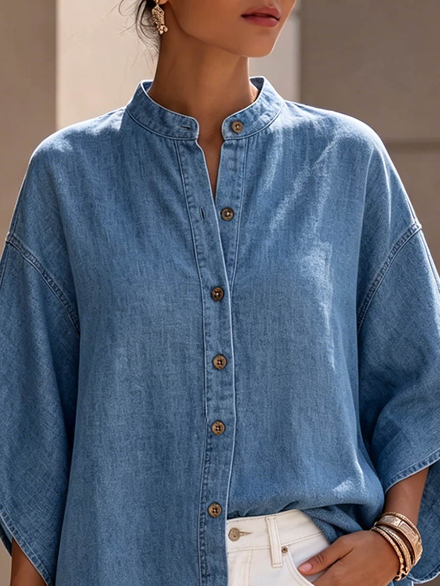 Artfully Tailored Lightweight Denim Batwing-sleeve Shirt