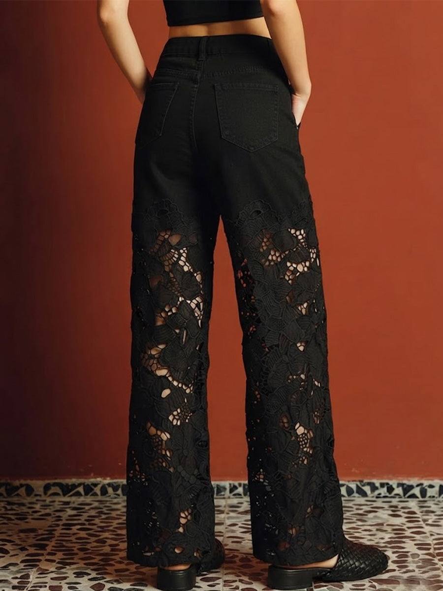 Women's Loose-fit, Straight-leg Jeans Featuring Black Lace Cutouts And Bead Embellishments For A Slimming Look