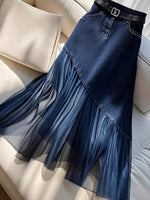 High Waist Diagonal Splice Denim Tulle Pleated Maxi Skirt